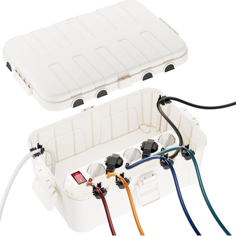 Boîte Protection Étanche IP54 Boitier Etanche Electrique Exterieur Extra Large(32x22x13cm)–Pour Multiprise Extérieure, Org. Câbles (6 Entrées/Sorties), Résistante UV/Pluie/Gel (Couleur:Blanc) (1/5)