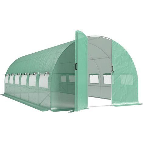 Serre tunnel jardin 18m², abri de culture tunnel avec portes et 12 ouvertures filet anti-insectes, 295x597x200cm, vert (1/5)