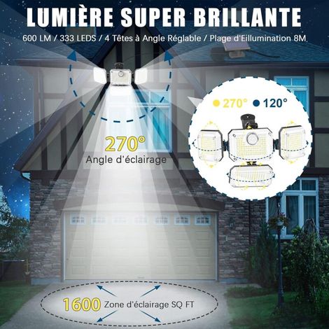Lampe Solaire Exterieur, Lumière Solaire Extérieure avec Détecteur de Mouvement, Projecteur LED de Sécurité IP65 Étanche, 3 Modes Eclairage Avec 4 Têtes Réglables (1/4)