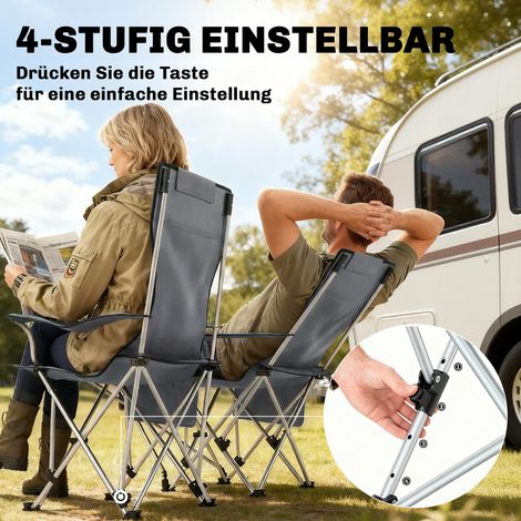 Lot de 2 fauteuils de pêche/camping repliables avec repose-pieds amovible et support de verre, capacité maximale 120 kg, gris (1/4)