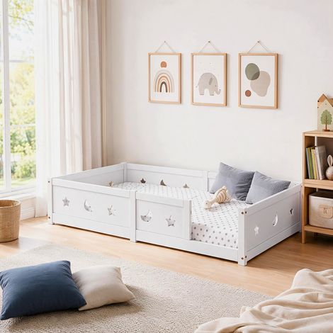 Lit simple au sol 140x200 cm, lit enfant 140x200 avec barrière de sécurité, cadre de lit Montessori en pin massif, sommier à lattes, Blanc