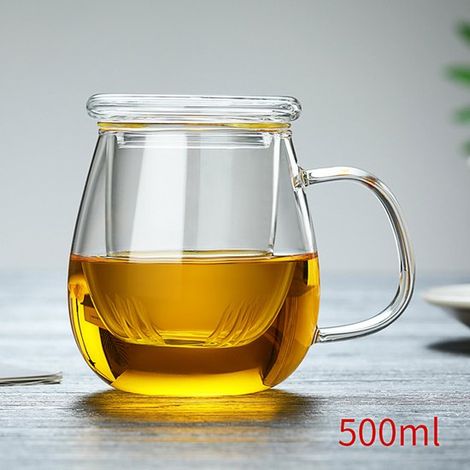 Taza de té transparente con colador，500 ml，de vidrio de borosilicato. Diseño monobloque，con asa y tapa transparentes. Resistente al calor (1/2)