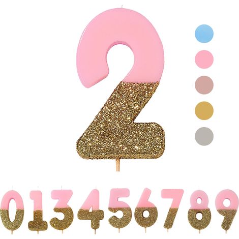 Bougie d'anniversaire numéro 2 rose avec paillettes dorées Décoration de gâteau Jolie, scintillante pour enfants, adultes, 2e, 21e fête, anniversaire, âge jalon (1/5)