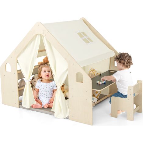 Tente de jeu enfant beige 6 en 1 avec tableau noir, 6 bacs de rangement et coussin de sol pour chambre, salon et aire de jeu (1/5)