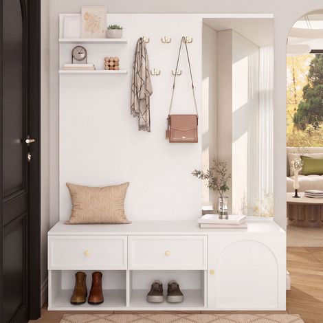 Mobile da Ingresso con Specchio, 2 Cassetti, 2 Vani e 5 Ganci, per Corridoio, Bianco, 120×35×159 cm (1/5)