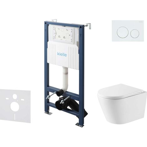 kielle Genesis New - Conjunto de instalación empotrada, inodoro Nefia, Vortex Rimless+, asiento softclose y pulsador Gemini New I, blanco brillante 30528SS46