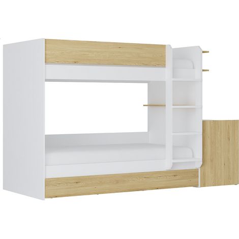 Lit superposé avec tiroir lit gigogne et 2 bureaux 3 x 90 x 190 cm - Coloris : Blanc et naturel - DOMATI