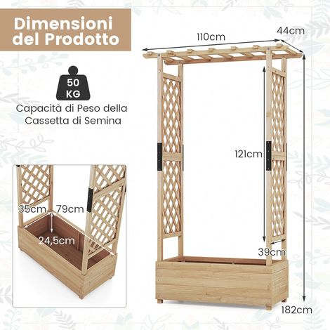 COSTWAY Aiuola Rialzata con Traliccio, Pergolato e Fori di Drenaggio, Fioriera Elevata da Esterno in Legno per Piante Rampicanti, Vite e Fiore,110 x 44 x 182 cm (Naturale) (1/4)