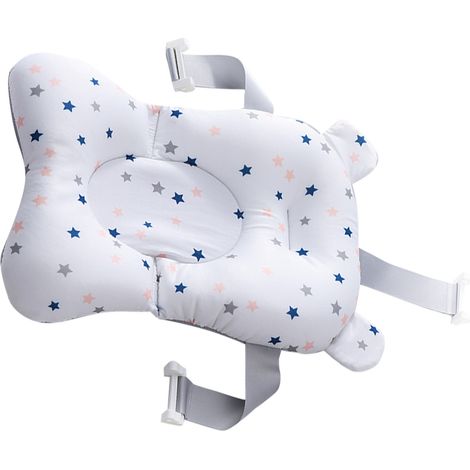 Tapis de bain pour bébé, sûr et hypoallergénique, avec boucle intégrée, grande flottabilité, idéal pour la baignoire et l'évier des nourrissons. Grand modèle blanc à étoiles bleues. (1/3)