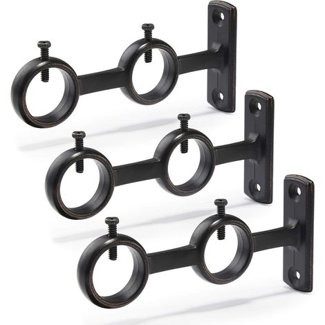 (Noir) Lot de 3 supports de tringle à rideaux double crochets pour tringle à rideaux de salon, chambre à coucher, tringle à rideaux.