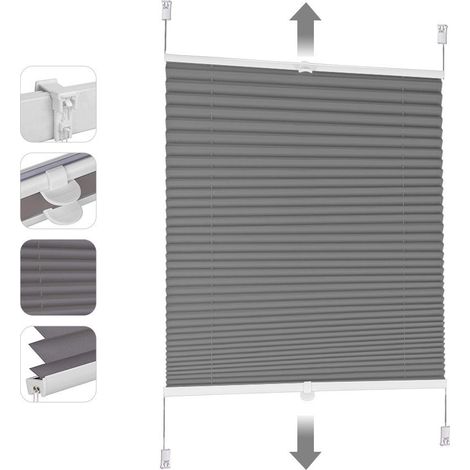Sekey Plissee ohne Bohren Verdunkelung, Fenster Plissee Klemmfix Jalousie, Verspannt Blickdicht Sonnenschutz Fensterollo, Dunkelgrau, 80 x 200 cm