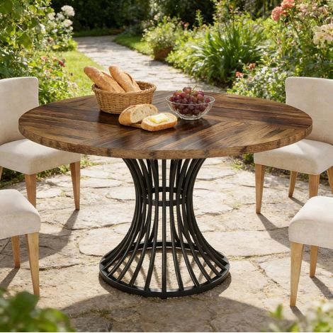 Tavolo da pranzo rotondo nero in MDF e metallo con base a clessidra, per 6 persone (1/5)