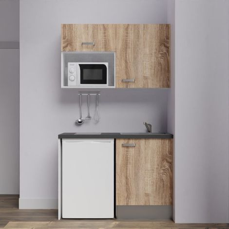 Kitchenette K07L-PT - 120 cm avec plan de travail et évier, emplacements frigo et micro-ondes - Façade Bois - Plan Noir texturé - Evier Inox - Crédences Non