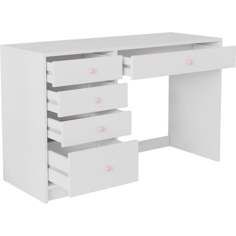 Escritorio blanco con 5 cajones, tiradores de cerámica rosa, 120 x 45 x 74 cm, HOMVRA (1/5)