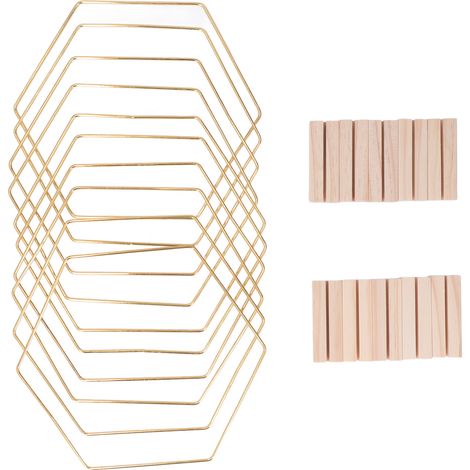 Lot de 10 couronnes de table hexagonales en métal doré, avec base en bois, pour mariage ou salon. (1/5)