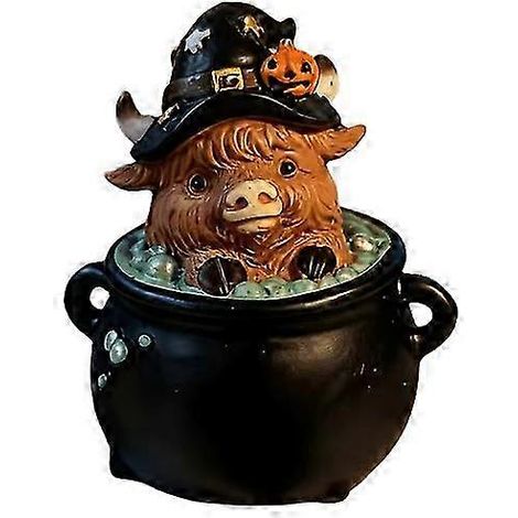 Figurine de vache des Highlands pour Halloween, sorcière, citrouille, crâne, décoration en résine pour étagère