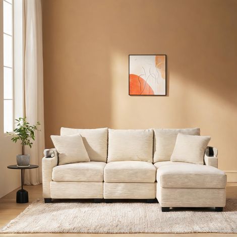 Canapé d'angle en velours côtelé beige avec repose-pieds (1/5)