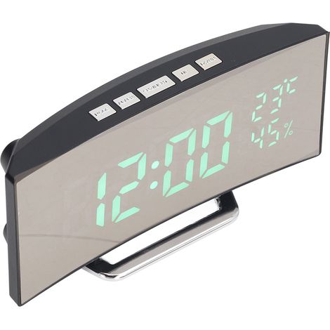 Réveil numérique LED avec trois niveaux de luminosité, fonction snooze, alimentation USB/piles, miroir électronique avec affichage de la température et de l'humidité et lumière verte. (1/5)