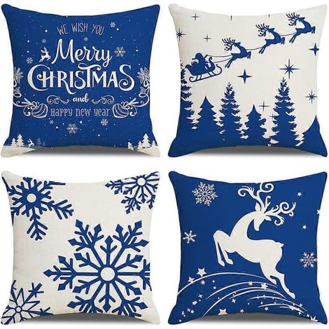 Lot de 4 taies d'oreiller de Noël 45x45 cm, motif flocons de neige bleus, décoration de Noël pour la maison (1/4)