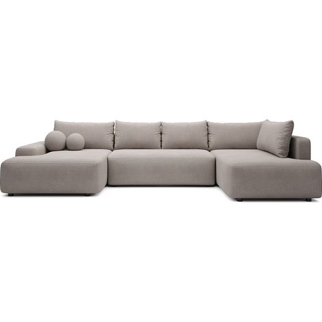 Grand canapé d'angle gauche panoramique convertible en tissu texturé taupe DAVISO (1/4)