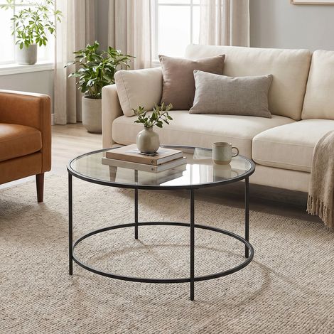Table Basse Ronde, Table de Salon en Acier et Verre, Table d’Appoint, Noir (1/5)