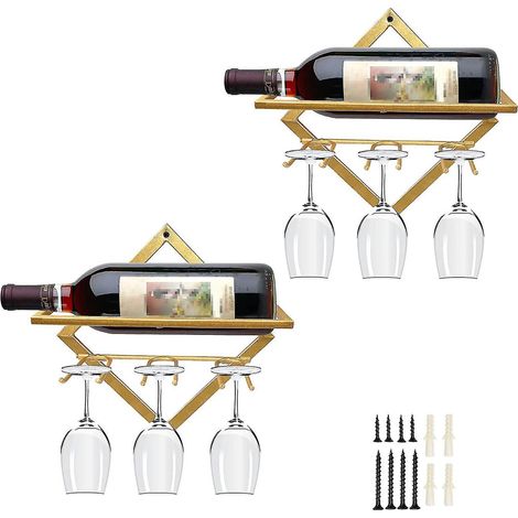 Lot de 2 étagères murales en métal pour bouteilles de vin, 26,7 x 26,7 cm, idéales pour la décoration de la maison, de la cuisine ou du bar. Porte-verres à vin doré. (1/5)