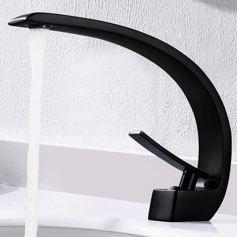 Bathroom Faucet Black Sink Mixer Curved Bathroom Single Lever Basin Faucet Modern Minimalist Single Hole Tap, Ceramic Valve, Adjustable Hot and Cold, Brass, Matte Black (1/5)