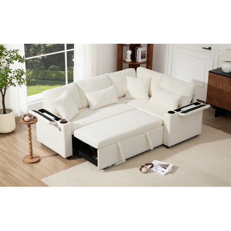 Canapé d'Angle Convertible Forme L Beige avec Rangement, Porte-gobelets et Port USB, Étagère sur Accoudoir, 4 Coussins pour Salon Cinéma Maison (1/5)