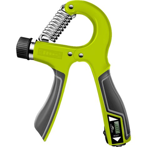 Griffkrafttrainer mit einstellbarem Kraftzähler, elektronisches Gerät zur Stärkung der Griff- und Unterarmkraft, grüne Handschuhe inklusive.
