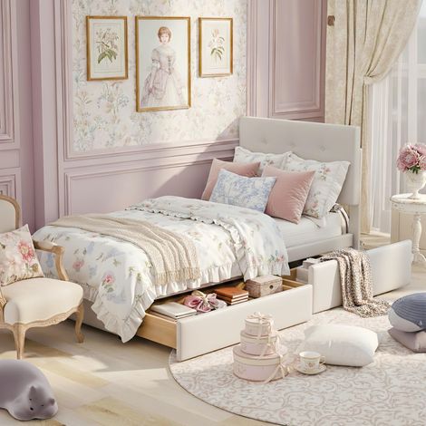 Letto singolo imbottito 90x200 cm, con 2 cassetti, morbido tessuto in velluto, rete a doghe, testiera, letto per bambini, letto per adolescenti, letto aggiuntivo - Beige