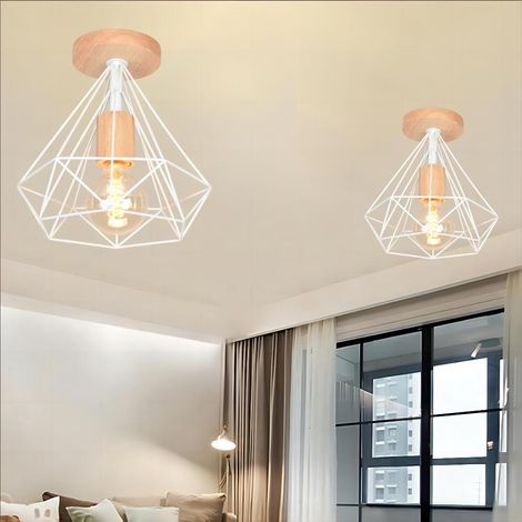 Moderno Lampada da Soffitto Industriale E27 25cm Lampada Forma di Diamante in Metallo e Legno per Corridoio Scale Soggiorno Bianco 2PCS (1/5)