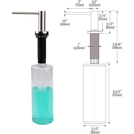 Dispenser di sapone da incasso per cucina e bagno, con pompa in acciaio inox, flacone da 500 ml, riempimento dall'alto, finitura spazzolata. (1/3)