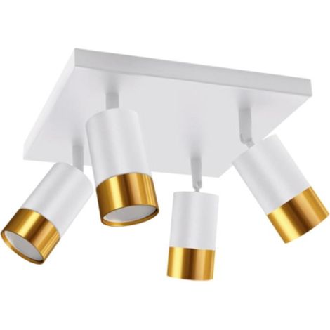 Plafonnier 4 Spots Orientables Carré BLANC et OR pour Ampoule GU