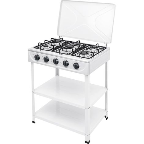 HAUTOUR Réchaud à gaz à 5 flammes - Autonome - Cuisinière à gaz - 5 brûleurs - Pour camping et extérieur - Réchaud à gaz portable pour camping-car avec étagères (blanc, cinq grilles) (1/5)