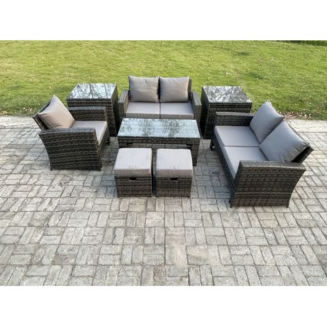 Fimous 7 Seater Outdoor Rattan Patio Furniture Set Garden Lounge Sofa Set with 2 Side Tables 2 Small Footstools Coffee Table Dark Grey Mixed (1/5)