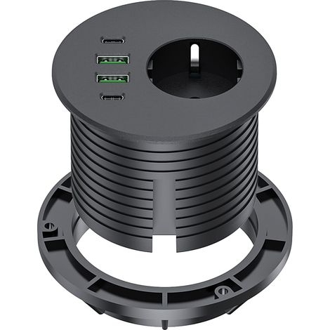 Prise encastrable avec 65 W USB C, prise de table équipée de 1 Schuko, 2 ports USB-A, 2 ports USB-C et câble d'alimentation de 2 m, multiprise encastrable pour trou de table de 76 mm, noir (1/5)