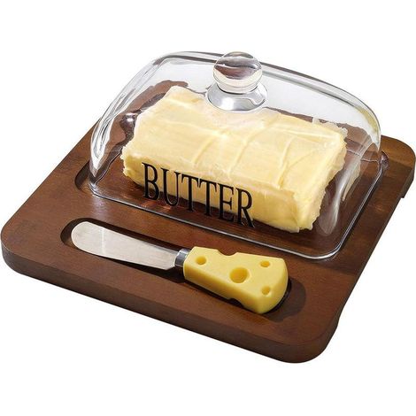 Beurrier avec couvercle en verre et base en bambou avec couteau intégré (1/5)