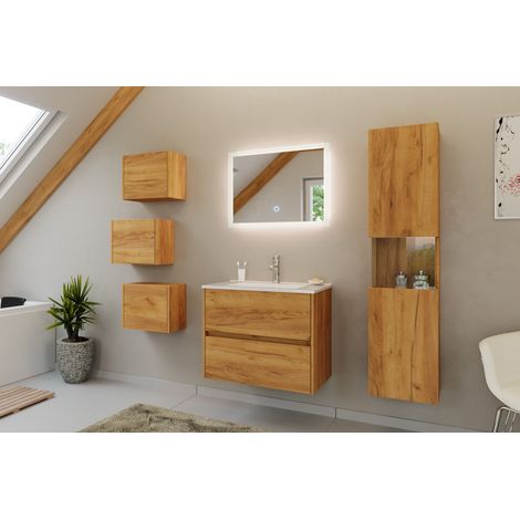 Badmöbel Set Taifun 4tlg. 70cm mit LED Spiegel 3er Boxen und Hochschrank eiche (1/5)