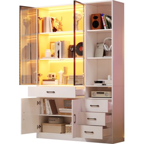 CHICFURN Vetrina alta 120x35x200 cm in truciolato e vetro bianco, LED, 4 cassetti