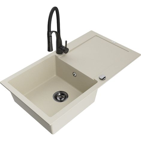 Mexen Leo lavello da cucina in granito a una vasca con sgocciolatoio e rubinetto Aster, beige - 6501-69-73450-70-B (1/5)