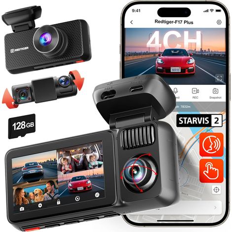 Dashcam 4 Canaux 2.7K+1080P3, Carte 128 Go, 5.8GHz WiFi Dashcam Voiture Intérieure Avant et Arrière, Vision Nocturne, GPS, Contrôle Vocal, Écran Tactile, Mode Parking 24H (F17 Plus) (1/5)