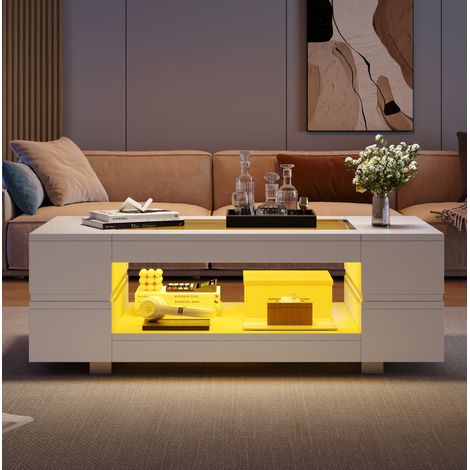Mesa de centro LED 100 x 50 x 35 cm con control por app Bluetooth, blanco OKMYHOME