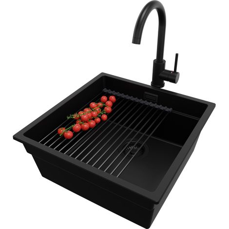 PRIMAGRAN Evier Cuisine en Granit 46x47cm, Lavabo 1 bac + Kit de Vidage + Accessoire, Évier à Encastrer au meuble 50cm - Prague Slim, Tout Noir (1/5)