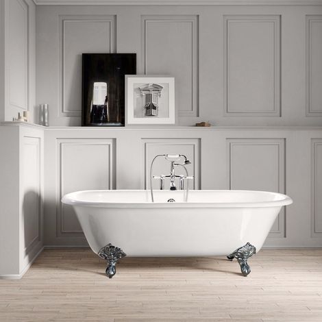 Baignoire sur pieds rétro en fonte PLYMOUTH Blanche 153 cm Pieds chromés