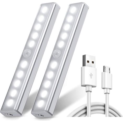 Lot de 2 Lampes LED 10 LEDs, Sans Fil, Rechargeables USB, Magnétiques, Détecteur de Mouvement, 2 Modes d'Éclairage, Lumière de Placard - Blanc Froid (1/5)