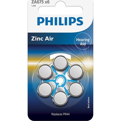PHILIPS Pilas 1.4V para Audífonos 675 (Hearing Aid Battery) ZA675B6A/00, Tecnología Premium Zinc Air, Batería de Larga Duración, Pestaña Abre-Fácil, Tipo PR44 y ZA675 (6Unidades) Color Azul