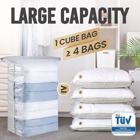 Sac sous Vide Vetement aspirateur Cube Lot de 4 (80×100×38 cm) Housse de Rangement sous Vide Gain de Place Sac de Rangement sous Vide pour Vêtements, Couettes, Oreillers (1/5)