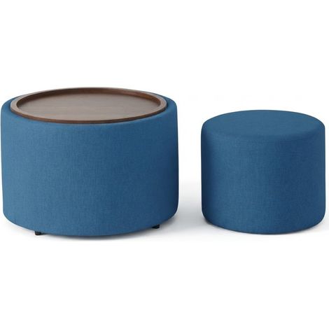 ELVMI Set aus 2 Nestbaren Hockern mit Verstecktem Stauraum und Abnehmbarem Tablett, Fußhocker aus Leinen Blau (1/5)