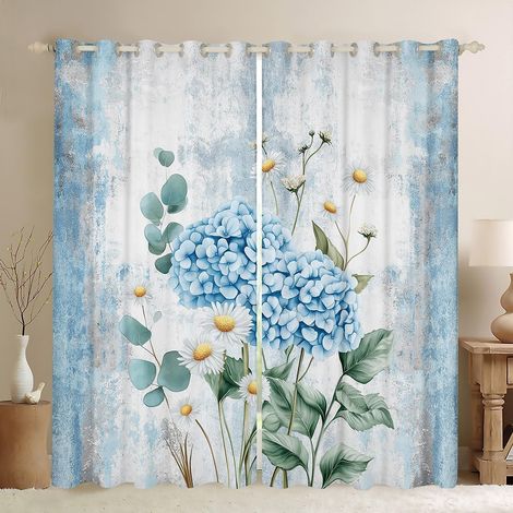 Rideau Occultant 140x260 cm Fleur D'Hydrangée Bleue,Rideau Fleur de Printemps,Rideaux Voilage Peinture À l'huile Abstraite Aquarelle Floral Rustic Farmhouse,Conception Grise Bleue Ombre - 140L X 260H (1/5)