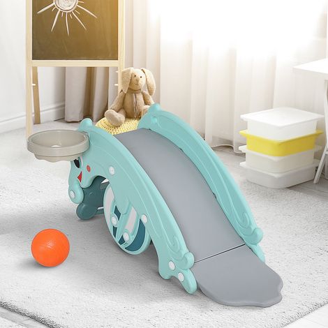Cheval à bascule 3 en 1 pour enfants avec toboggan, panier de basket et surfaces douces. 18-36 mois. Forme grenouille et dauphin. Dimensions : 72 x 34 x 47 cm. Vert. (1/5)